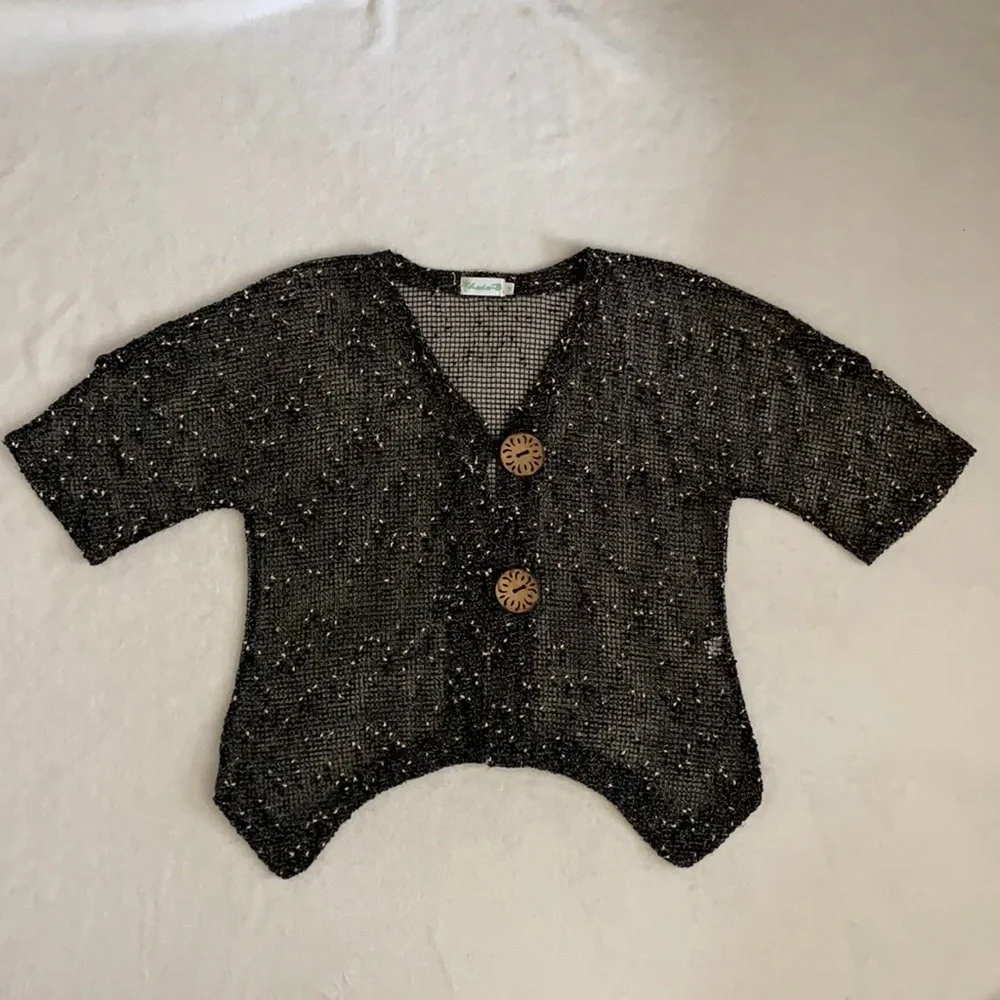 Lulu-B | Open Knit Boho Coastal Cardigan Coconut Husk Buttons 7258 Black (M) - Picture 16 of 16